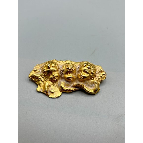 Vintage Pin Brooch La Rage Three Angels Cherubs in Clouds Gold Tone Angel Wings - Picture 3 of 9